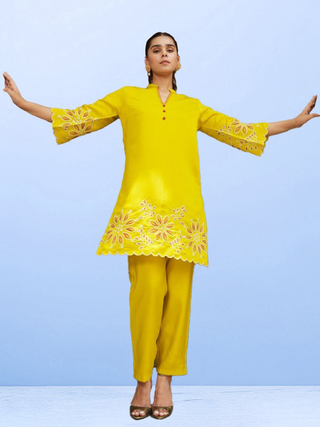 

CUSTARD Floral Embroidered Tunic With Trousers, Yellow