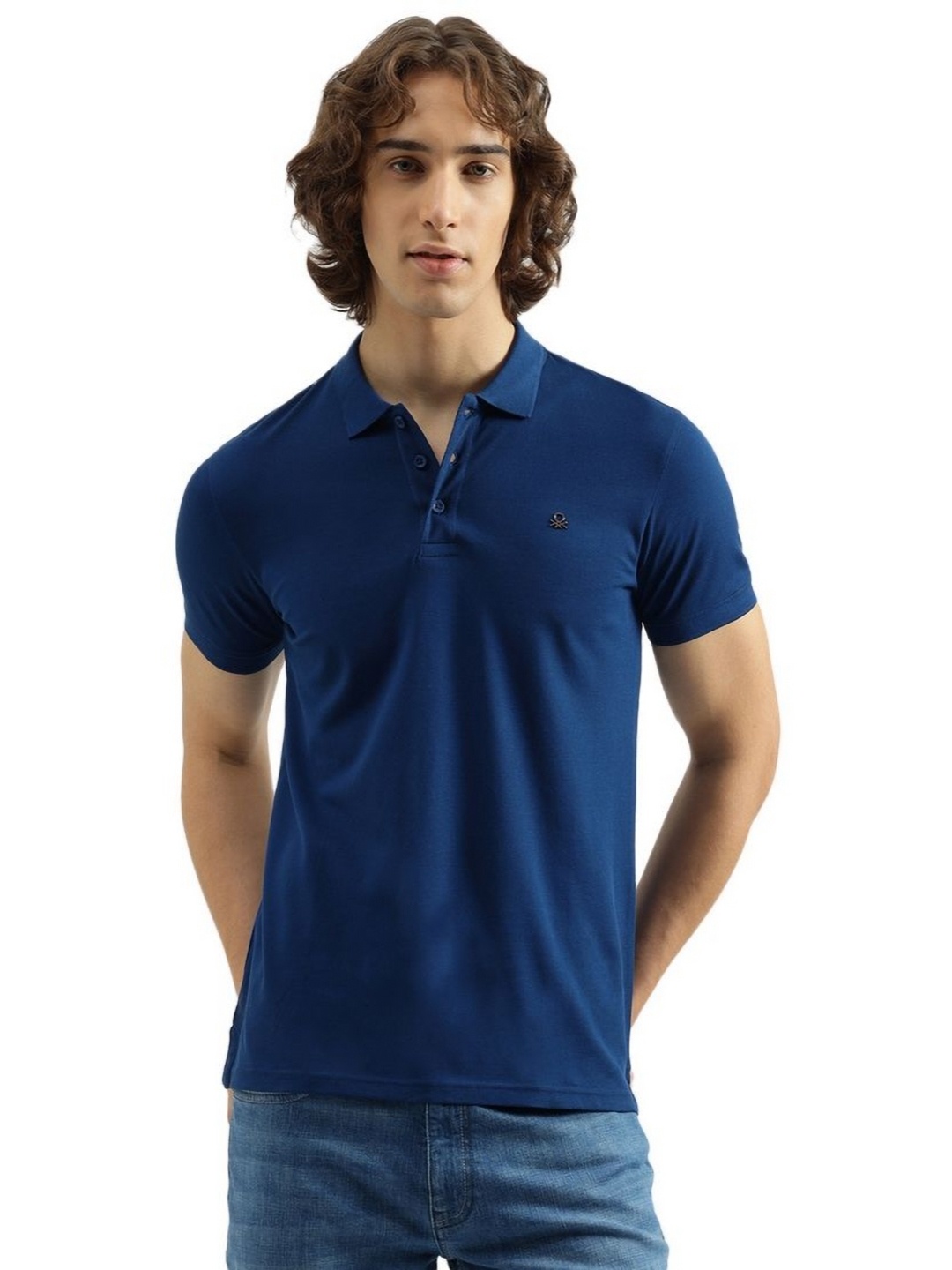 

United Colors of Benetton Men Solid Polo Collar Pure Cotton T-shirt, Blue