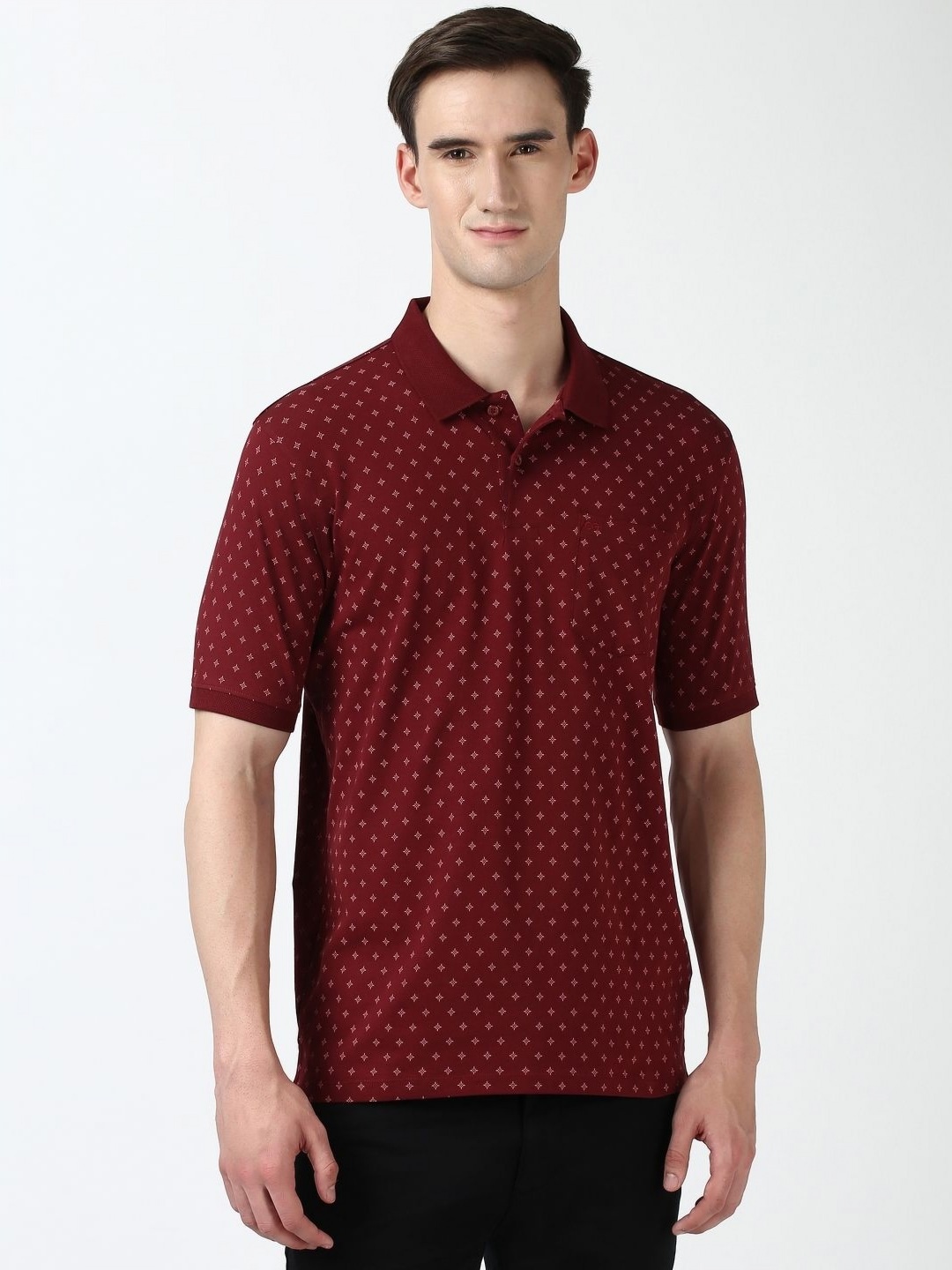 

Peter England Men Floral Printed Polo Collar Cotton T-shirt, Maroon