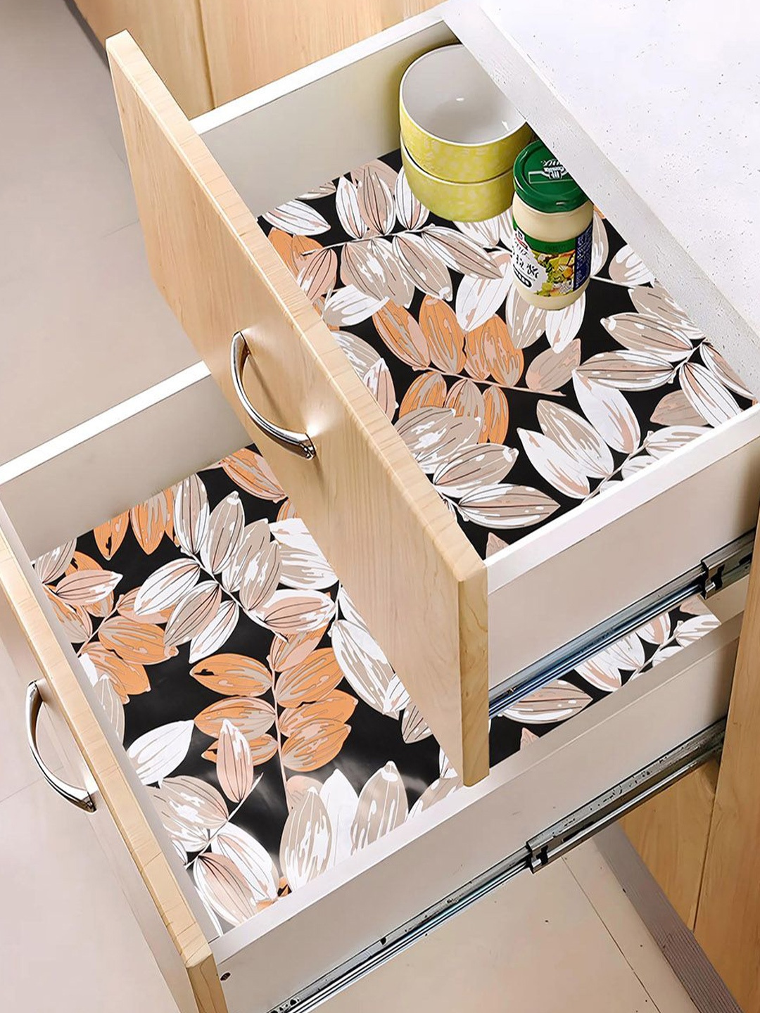 

Kuber Industries Grey 2 Pieces Leaf Printed Shelf Liner