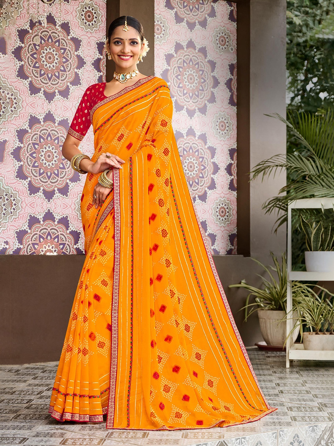 

Laxmipati Bandhani Printed Embroidered Saree, Mustard