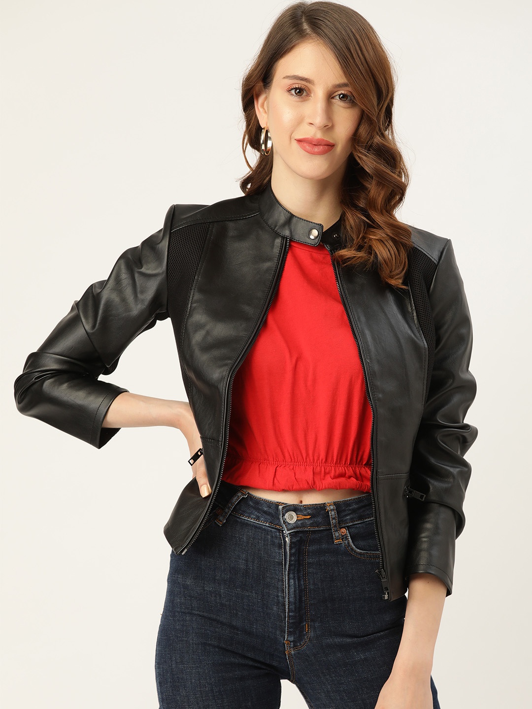 

Leather Retail Women Mandarin Collar Solid PU Casual Biker Jacket, Black