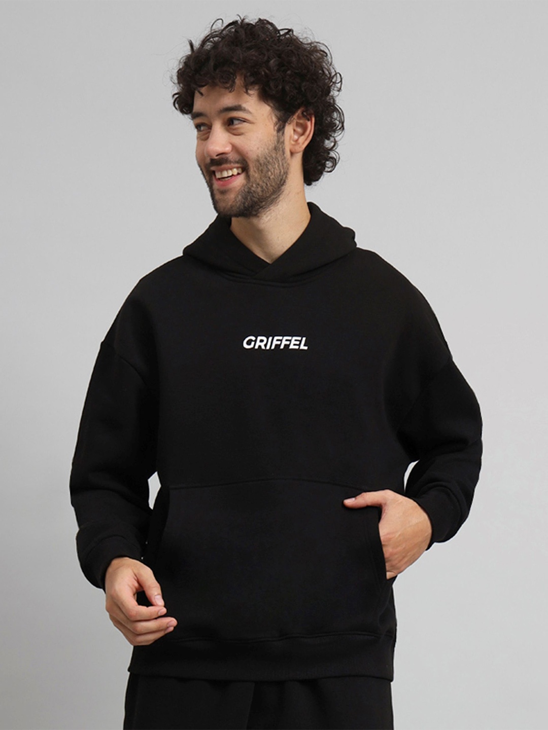 

GRIFFEL Men Typography Printed Hood Fleece Pullover Sweatshirt, Black