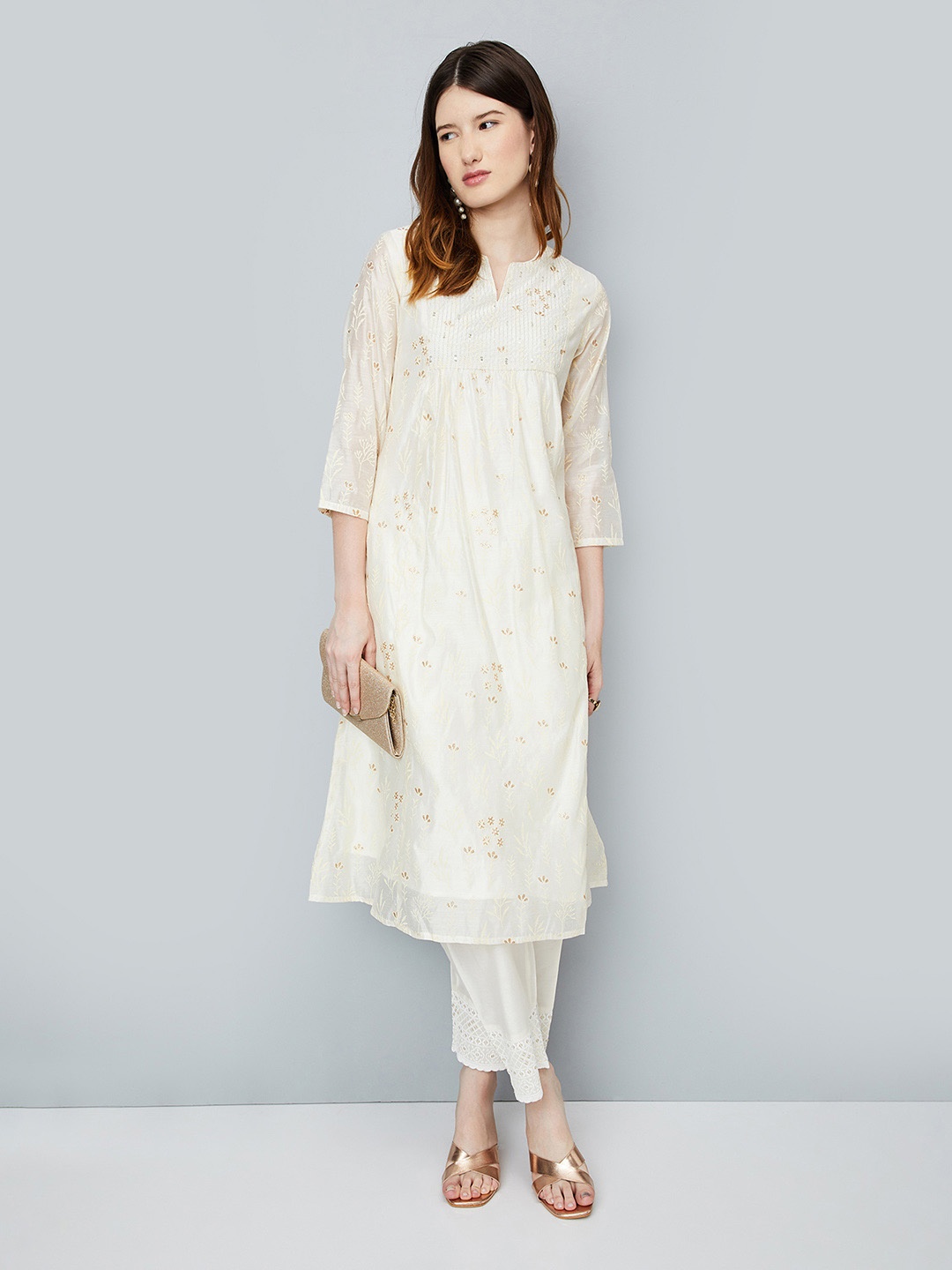 

max Women Floral Embroidered Flared Sleeves Chikankari Anarkali Kurta, Off white