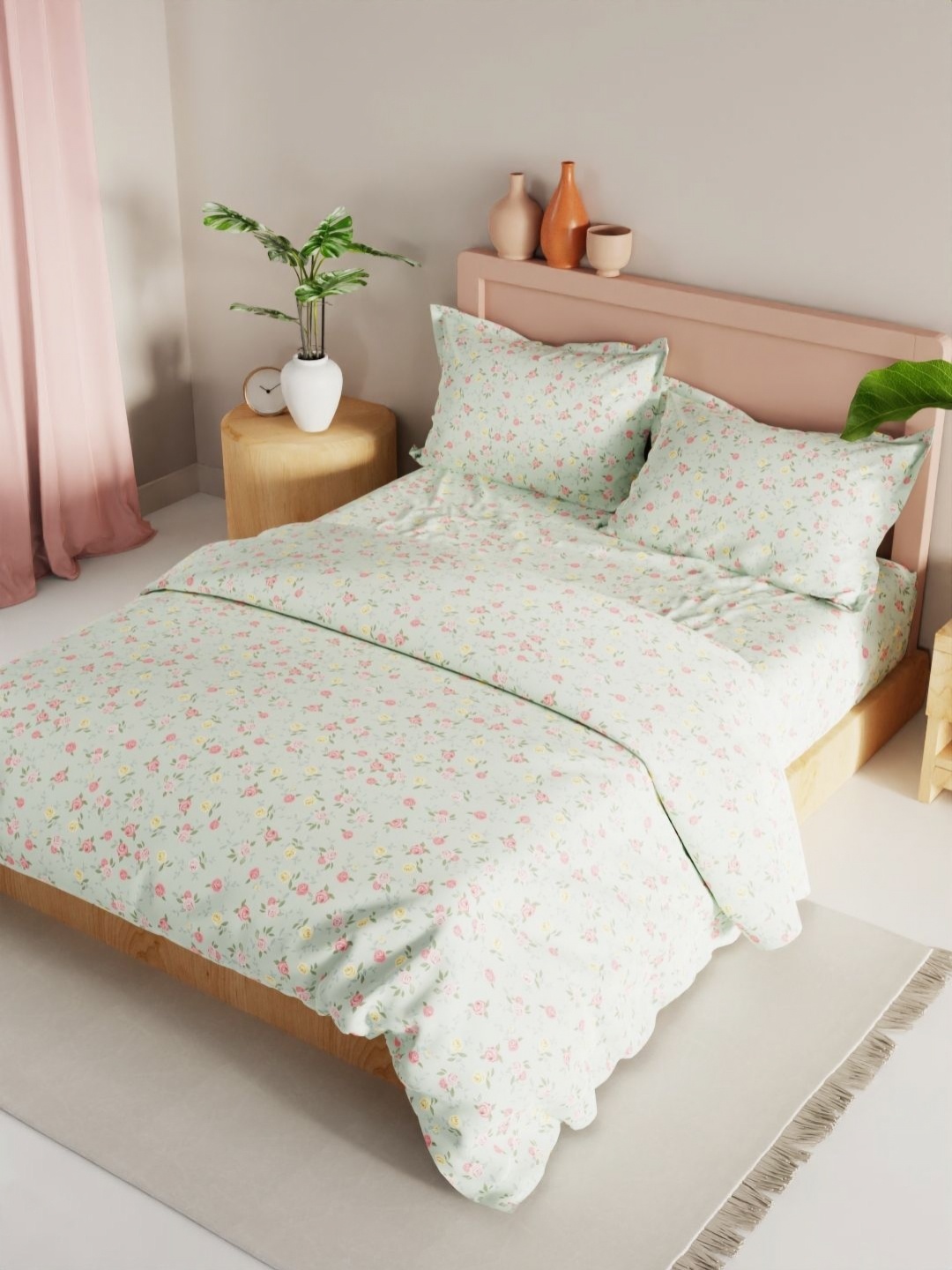 

KOPA Green and Pink 4 Pieces Checked Microfiber Double Queen Regular Bedding Set