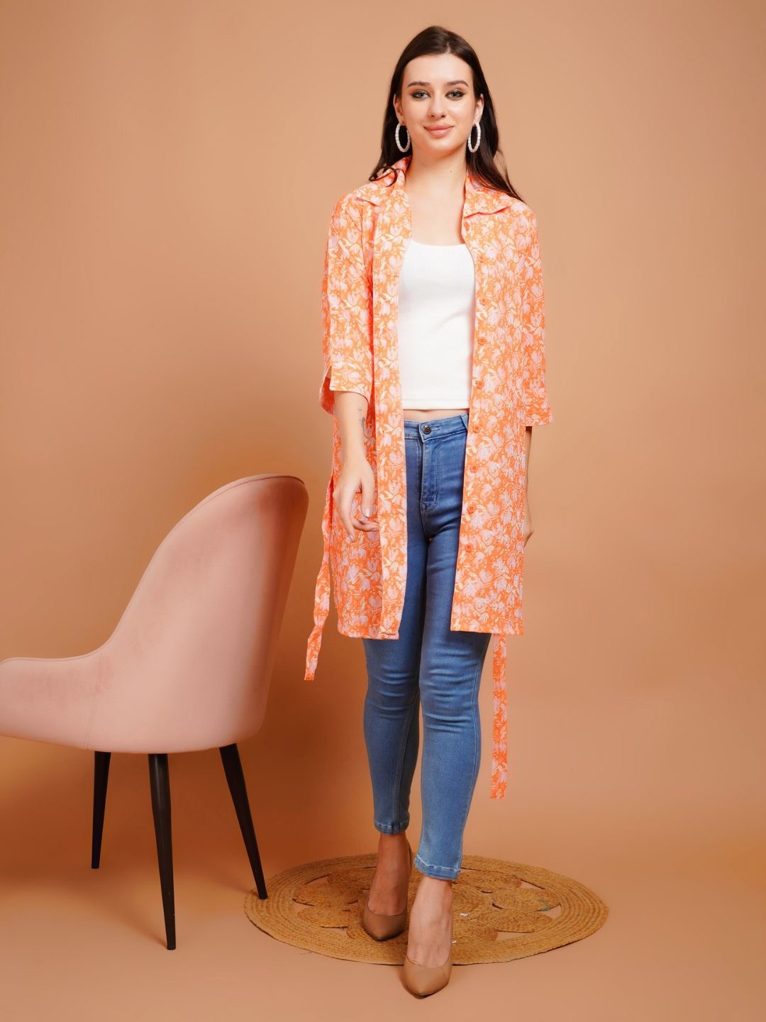 

Boholyfe Floral Printed Shirt Collar Longline Open Front Shrug With Belt, Orange