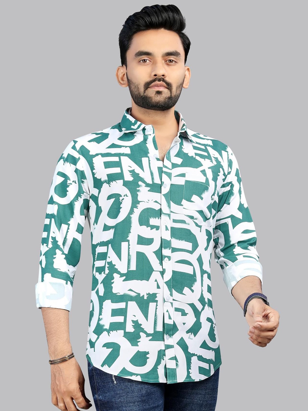 

ADWYN PETER Men Classic Spread Collar Abstract Printed Cotton Casual Shirt, Green
