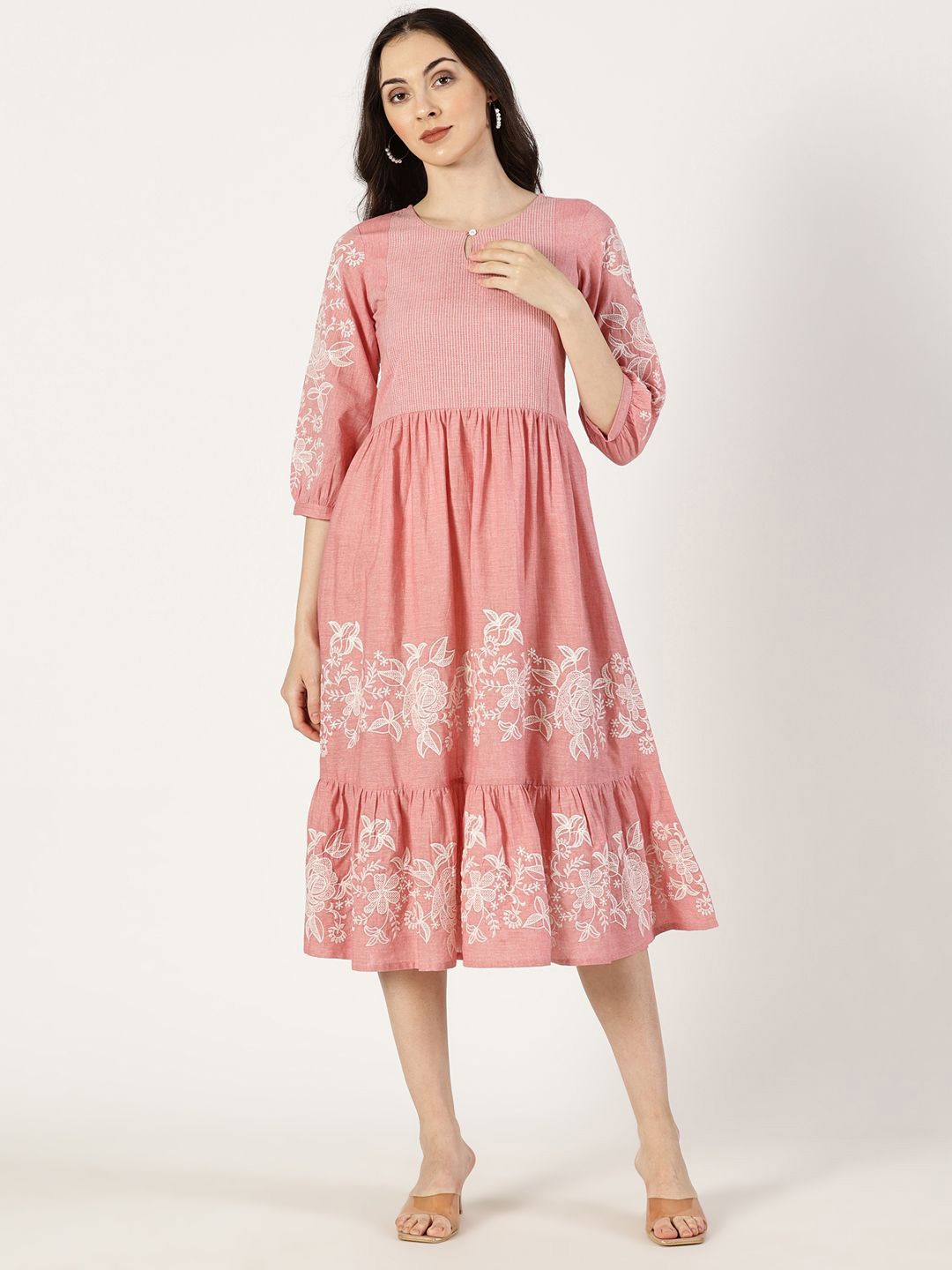 

Saffron Threads Women Floral Embroidered Cotton Keyhole Neck A-Line Midi Dress, Pink