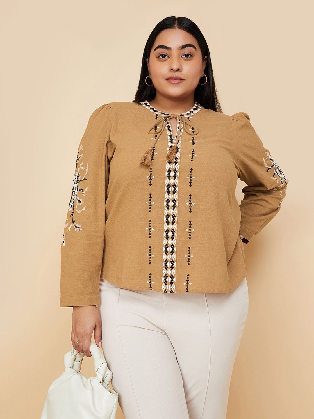 

max Women Abstract Embroidered Tie-Up Neck Top, Brown