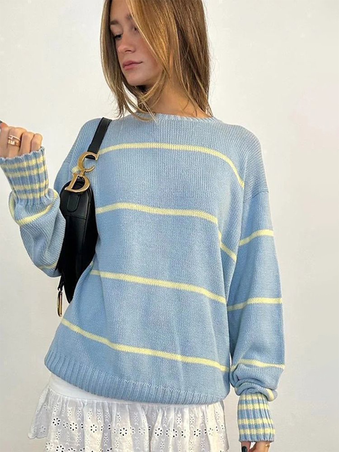 

LULU & SKY Women Striped Round Neck Pullover Sweater, Blue