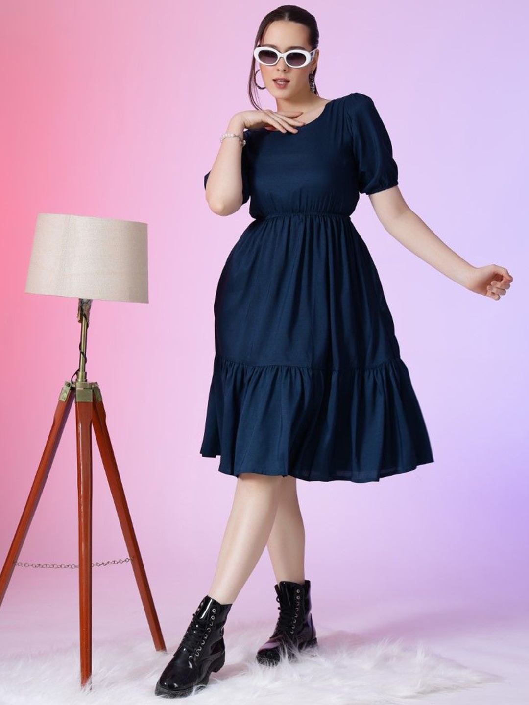 

Krunal Raiyani Solid Puff Sleeve Fit & Flare Dress, Navy blue