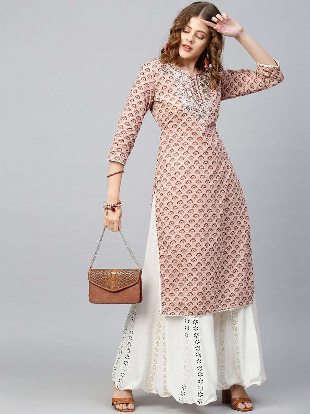 

PHYSIL Ethnic Motifs Embroidered Mirror Work Straight Cotton Kurta, Peach