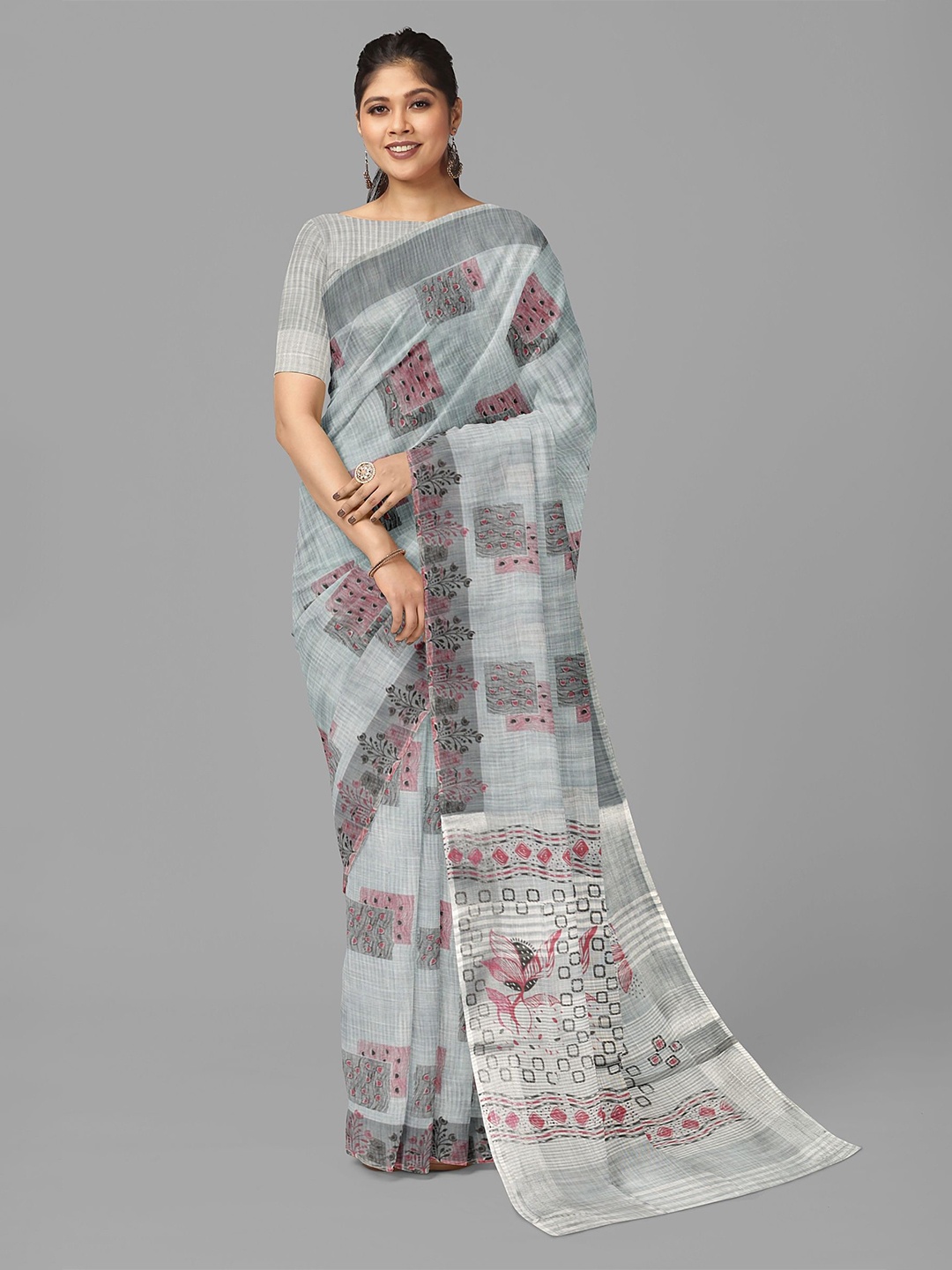 

The Chennai Silks Ethnic Motifs Linen Blend Bhagalpuri Saree, Grey