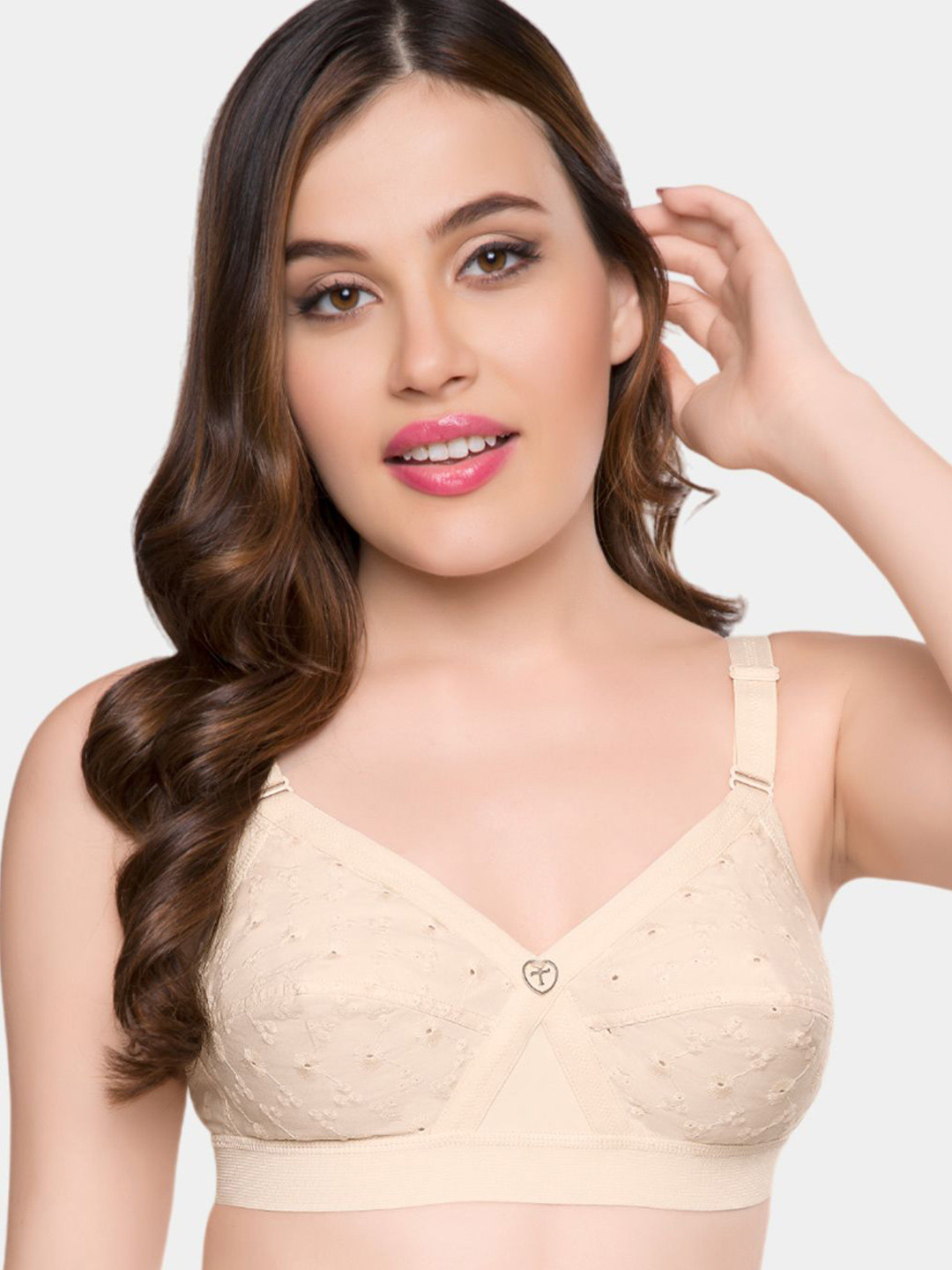 

Trylo Krutika Chikan Pure Cotton Non-Padded Non-Wired Full Coverage Bra, Beige