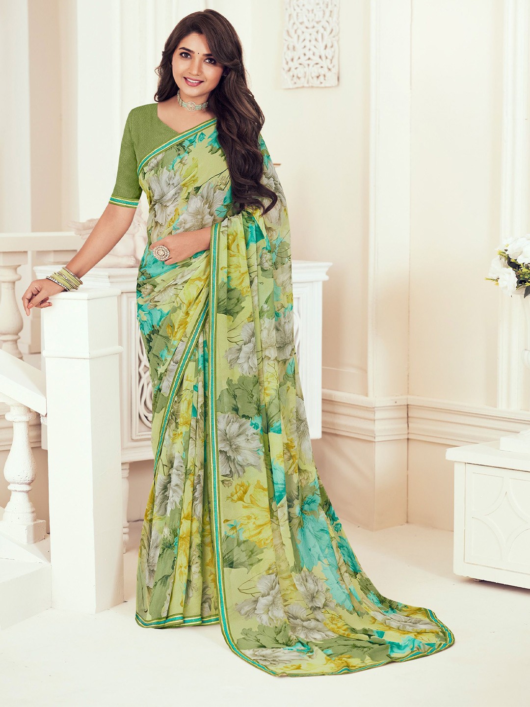 

Laxmipati Floral Printed Embroidered Saree, Green