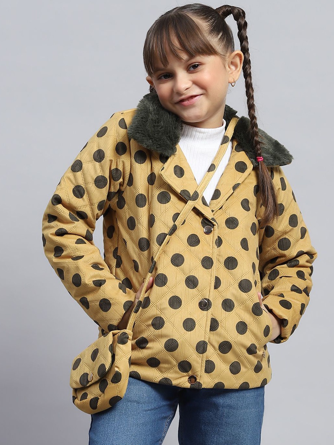

Monte Carlo Girls Lapel Collar Polka Dots Printed Casual Padded Jacket, Mustard