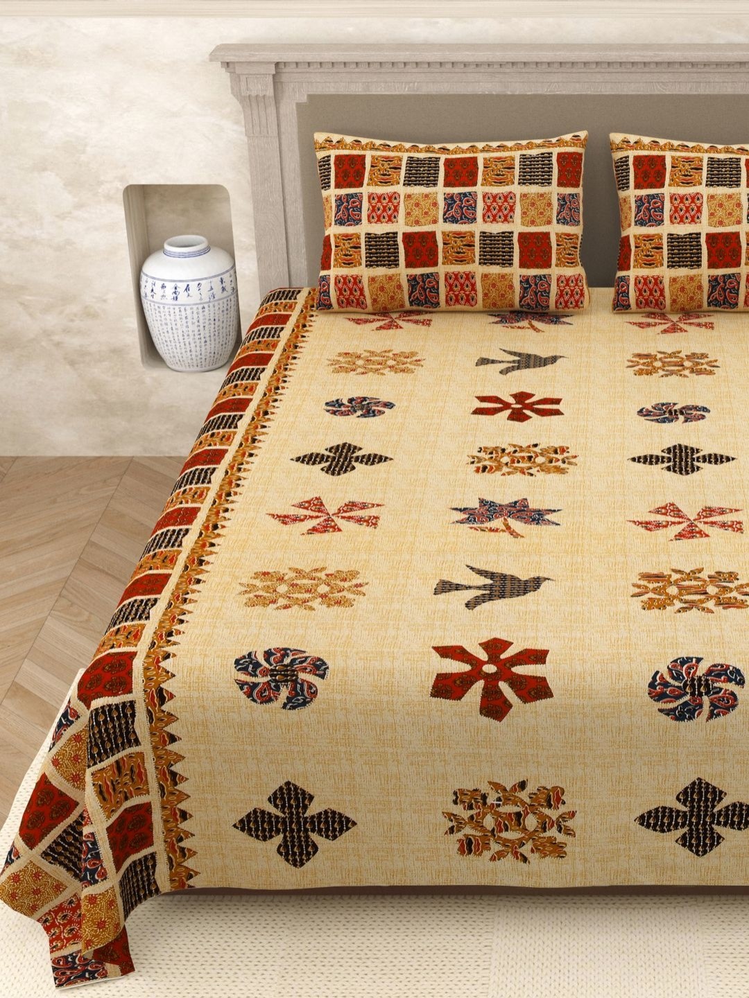 

Aura Elegant Yellow Ethnic Motifs Jaipuri Print Pure Cotton 210 TC Queen Bedsheet Set