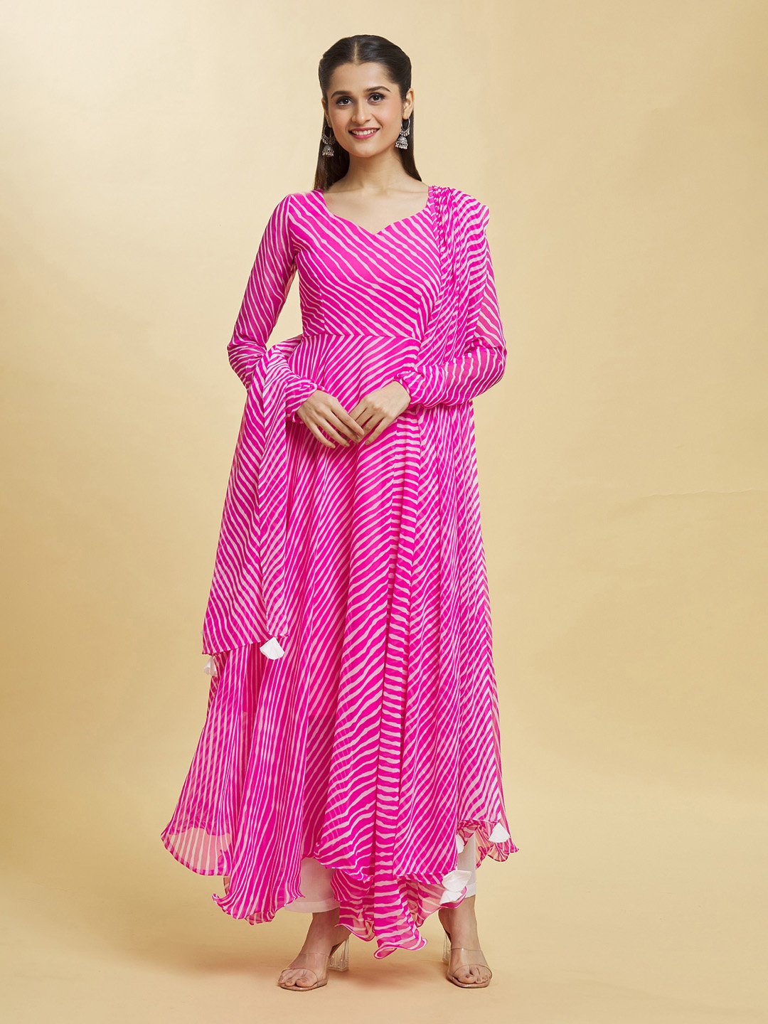 

Samyukta Singhani Leheriya Printed Anarkali Kurta with Trousers & Dupatta, Pink