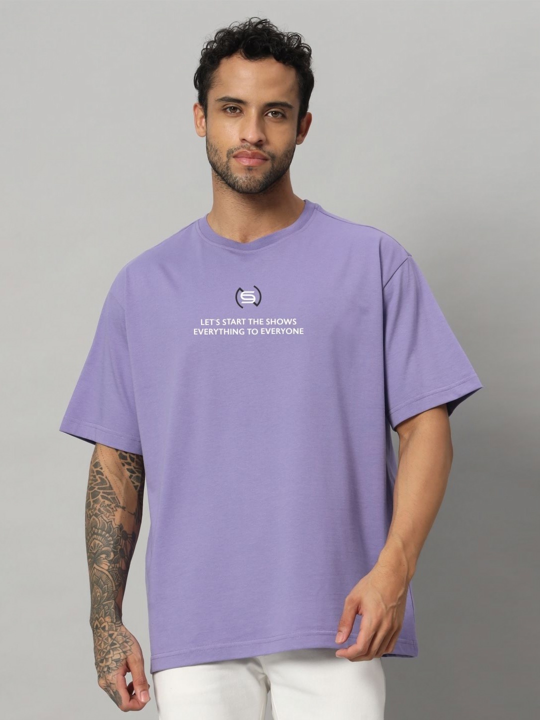 

SWAGNOX Men Typography Printed Round Neck Cotton Oversized T-shirt, Purple