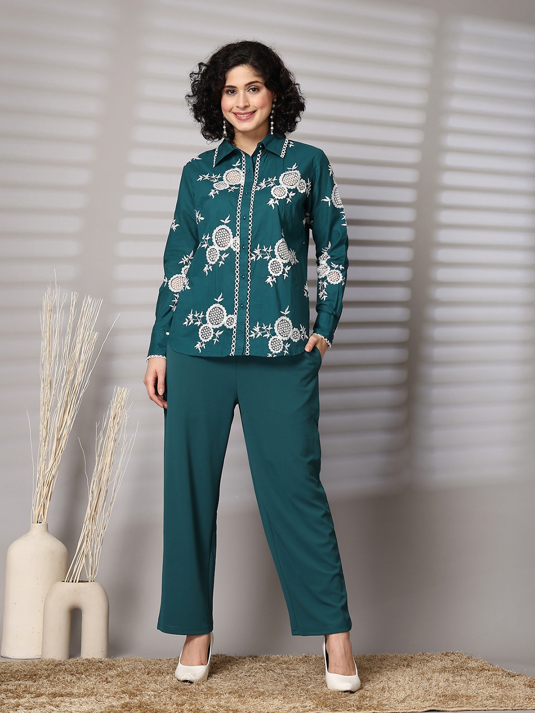 

plusS Women Embroidered Pure Cotton Shirt With Trousers Co-Ords Set, Teal