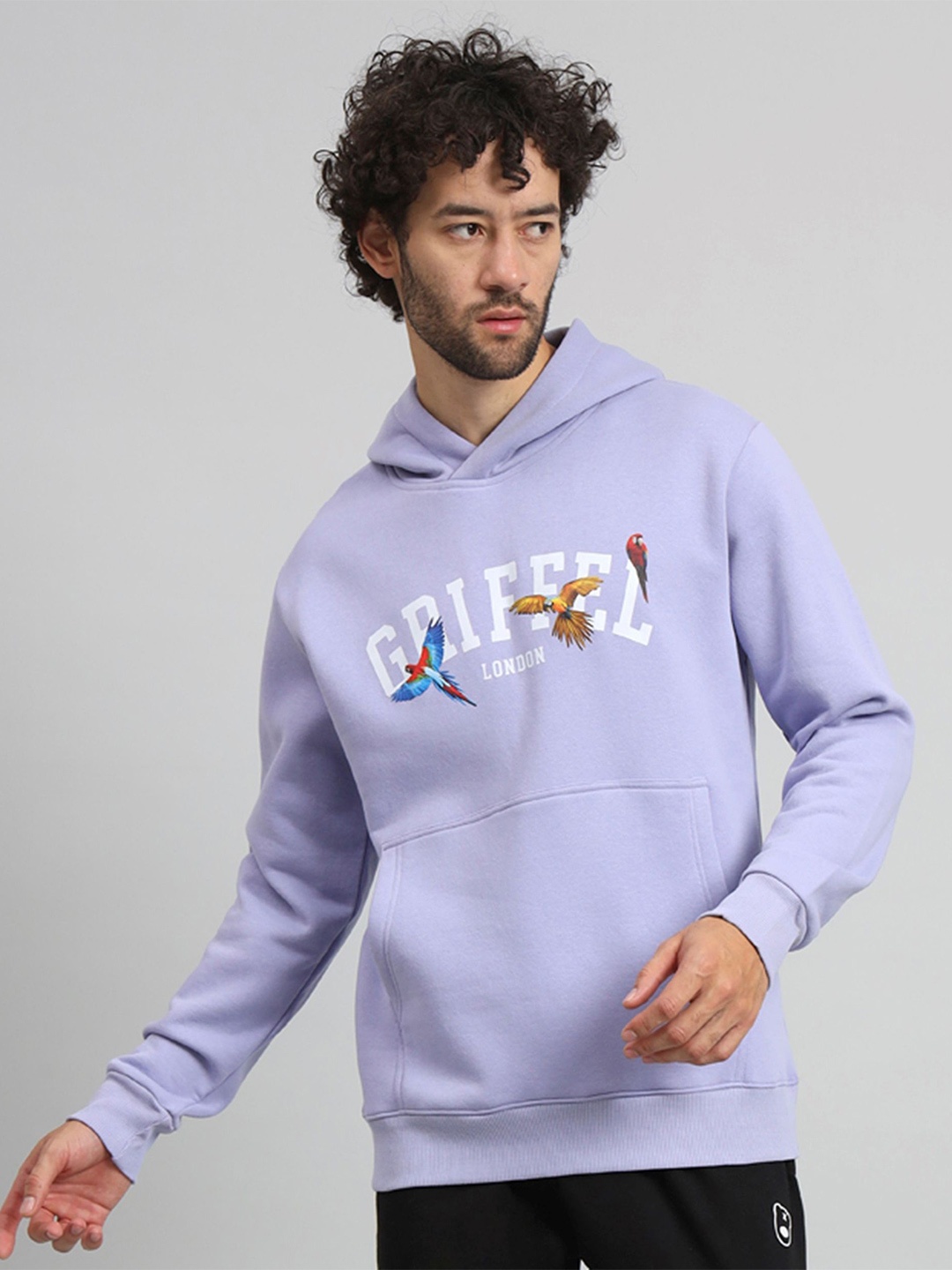 

GRIFFEL Men Typography Printed Hood Fleece Pullover Sweatshirt, Purple