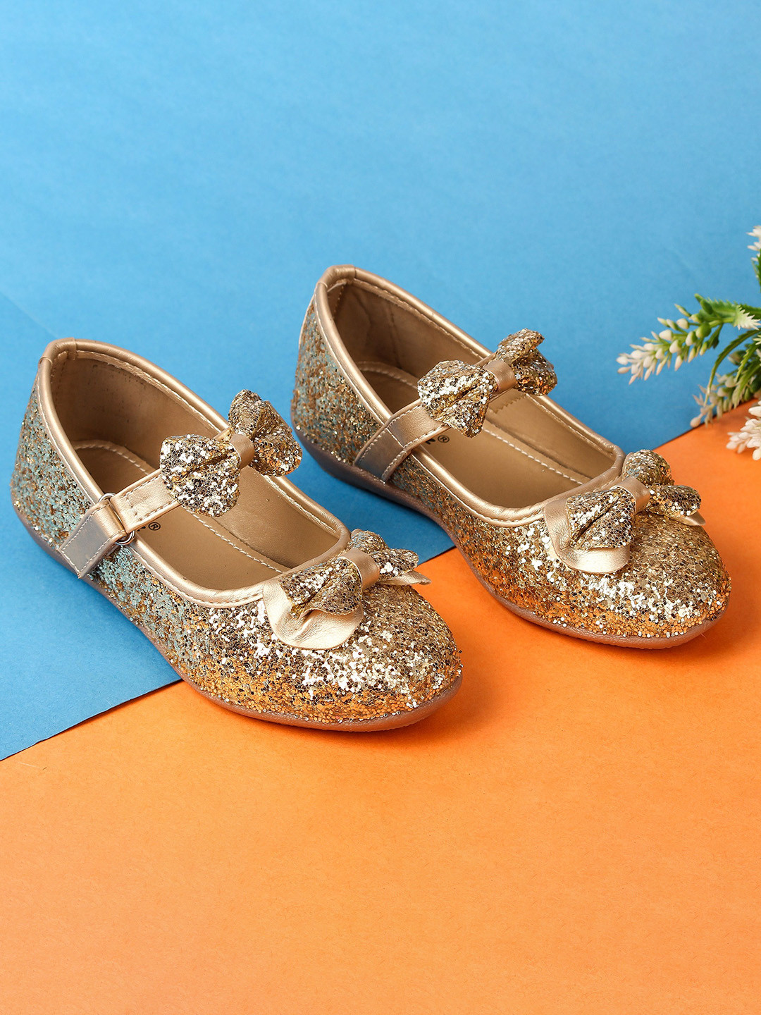 

BOYZ N GALZ Girls Velcro Embellished Party Ballerinas Flats, Gold