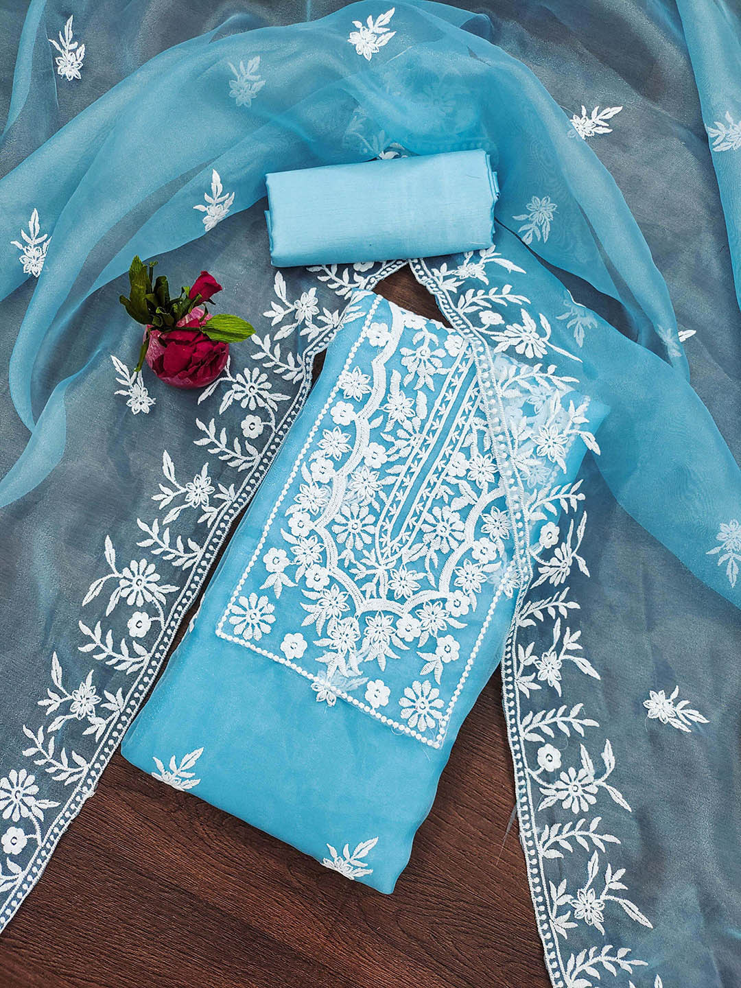 

Maroosh Floral Embroidered Thread Work Organza Unstitched Dress Material, Turquoise blue