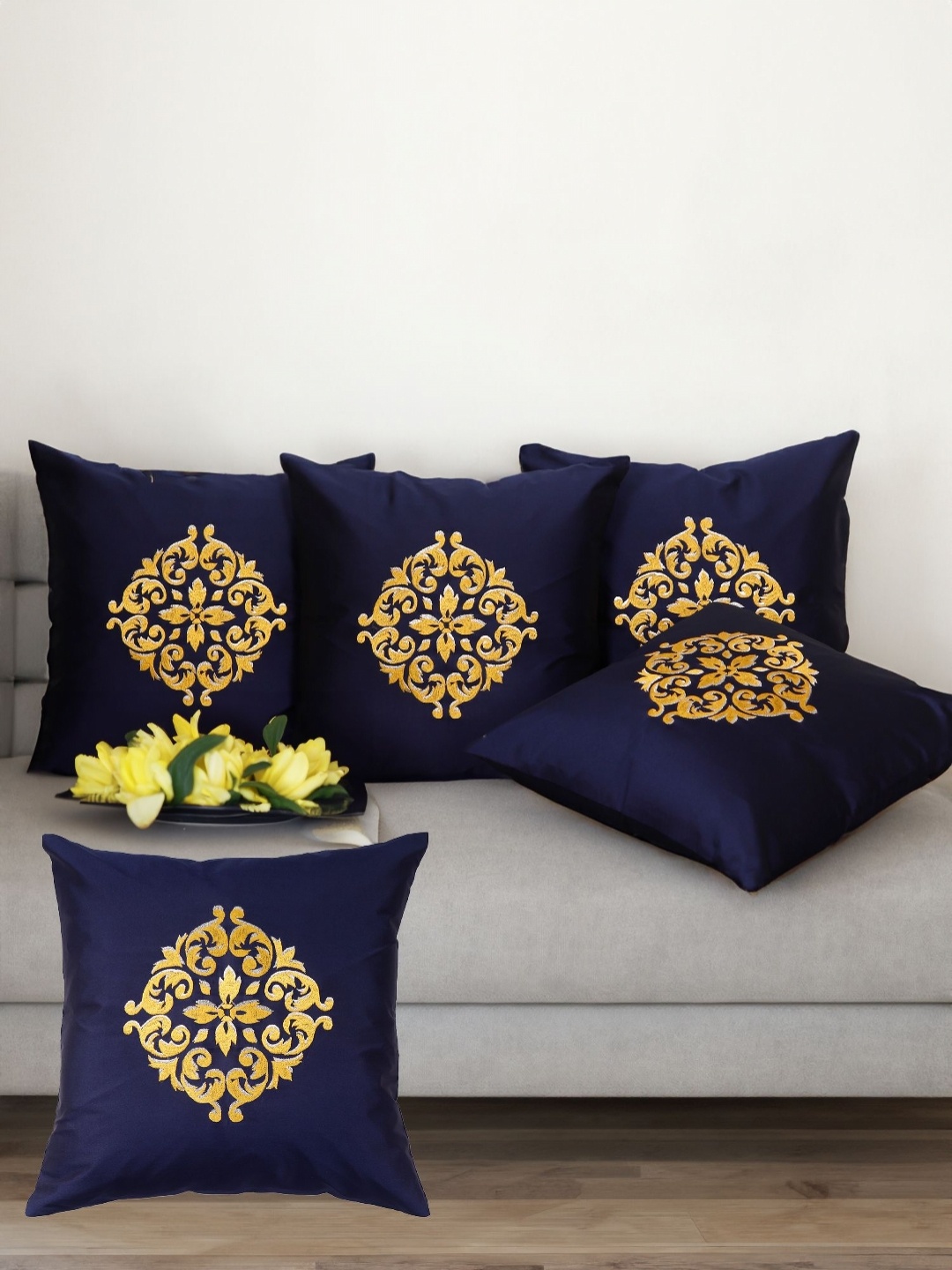 

ZEBA Blue & Gold Toned 5 Pieces Ethnic Motifs Embroidered Square Cushion Covers