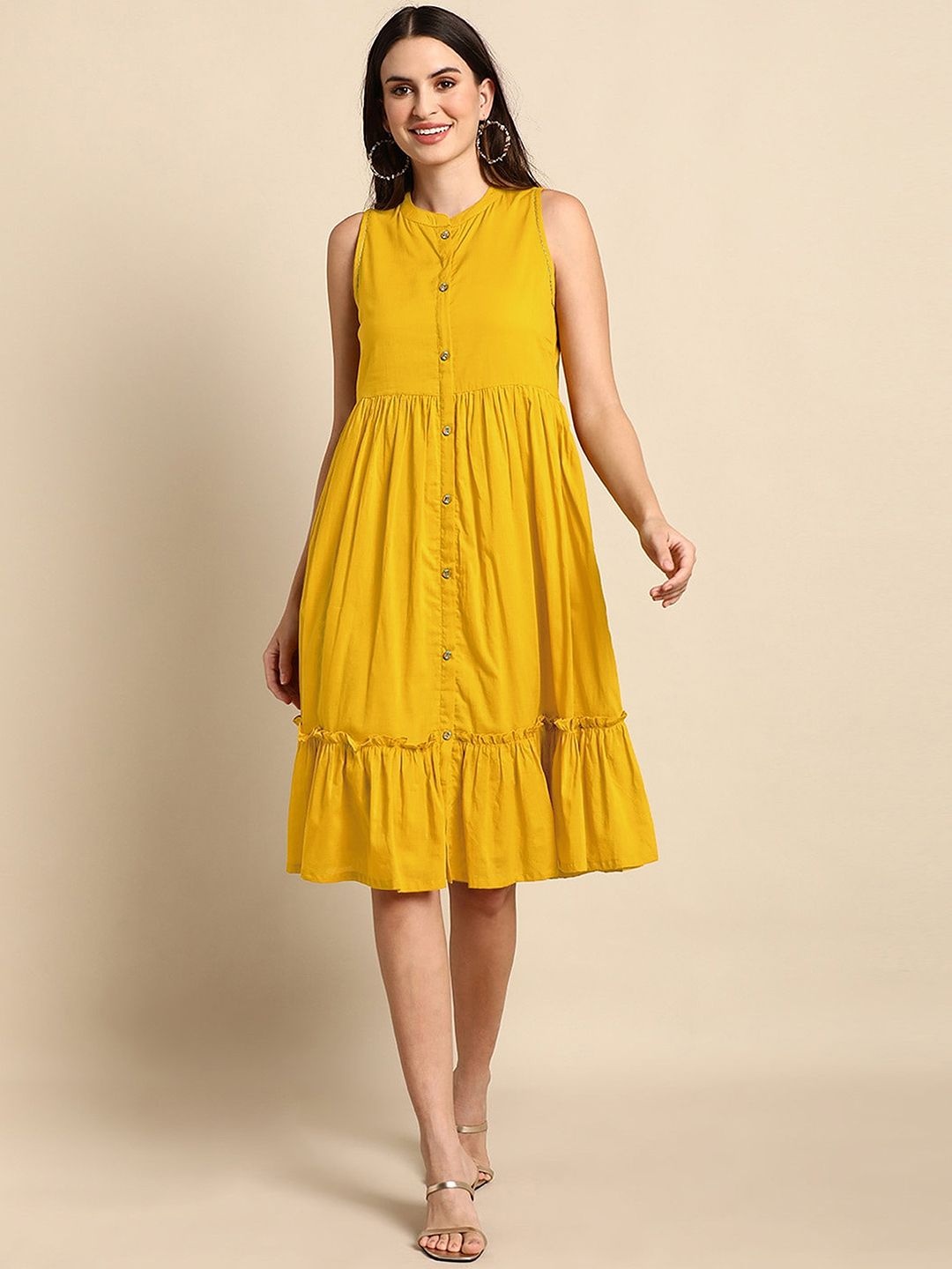 

Trendmalls Layered Fit & Flare casual solid Dress, Yellow