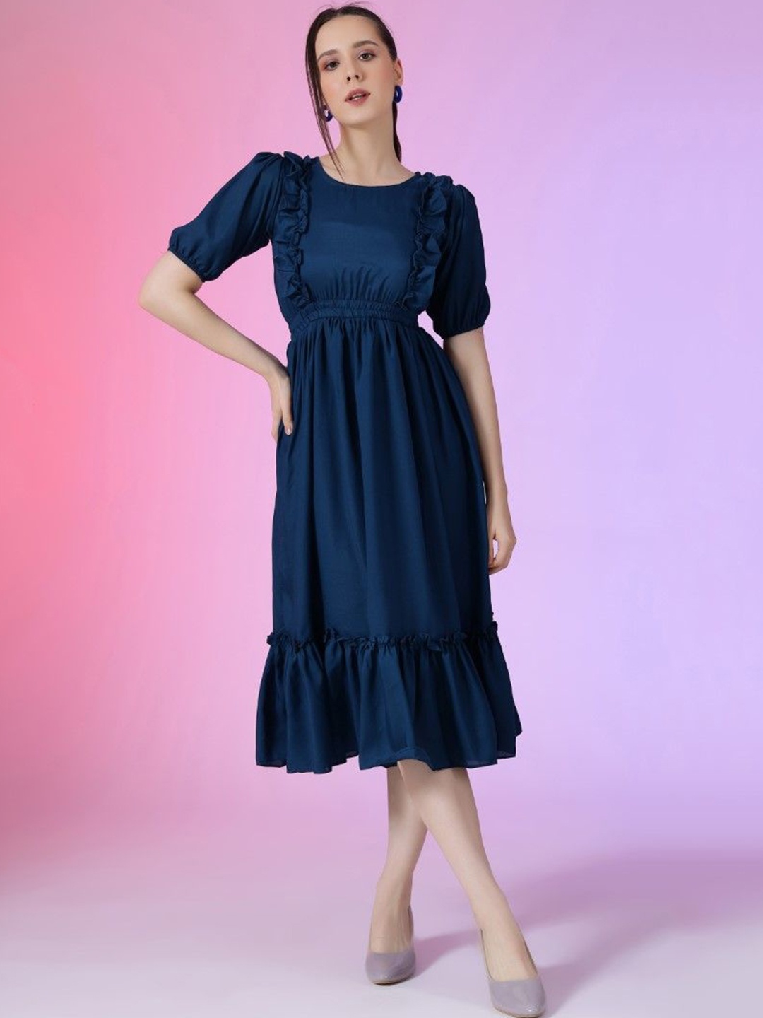 

Raiyani Enterprise Women Gathered or Pleated & Tiered Fit & Flare Dress, Blue