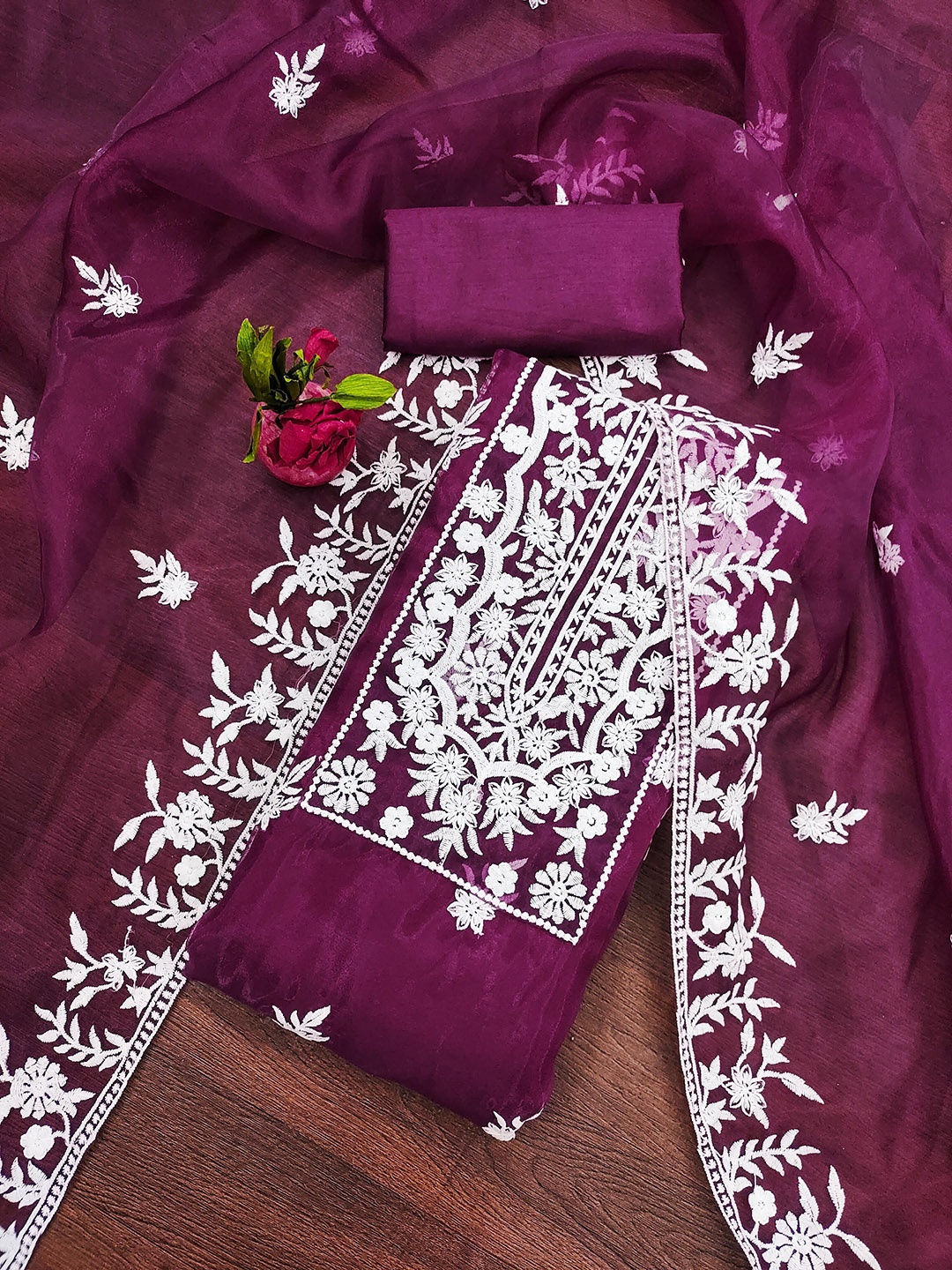 

Maroosh Ethnic Motifs Embroidered Thread Work Organza Unstitched Dress Material, Purple