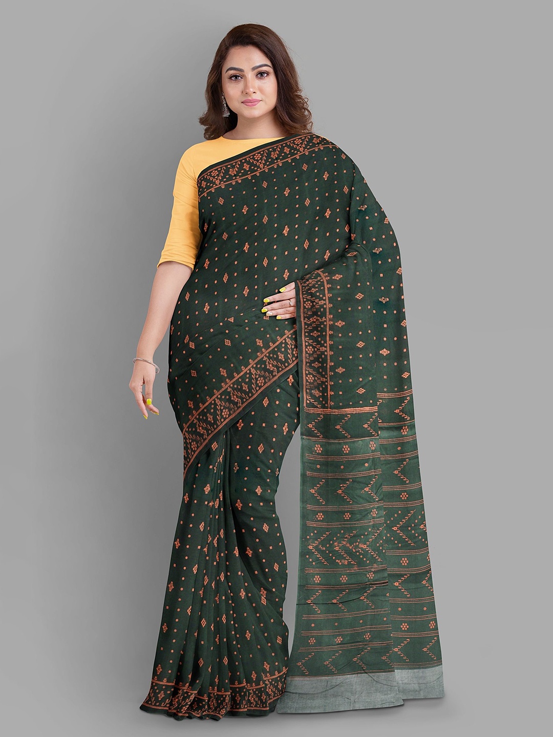 

The Chennai Silks Woven Design Zari Pure Cotton Taant Saree, Green