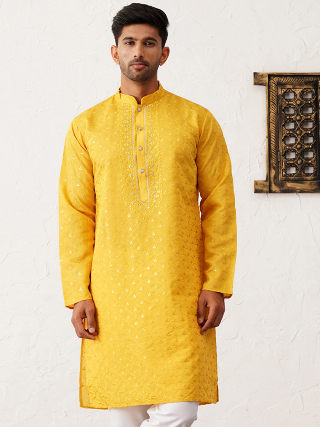 

Jompers Mandarin Collar Floral Embroidered Sequinned Straight Kurta, Mustard