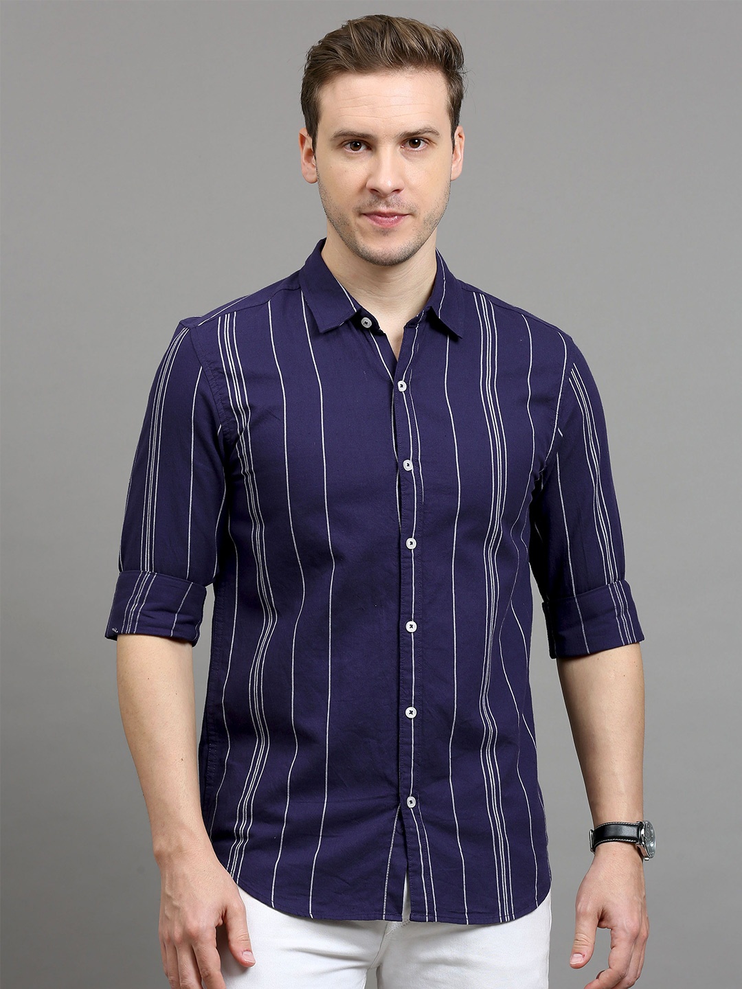 

Rope Men Standard Slim Fit Horizontal Stripes Opaque Striped Casual Shirt, Grey