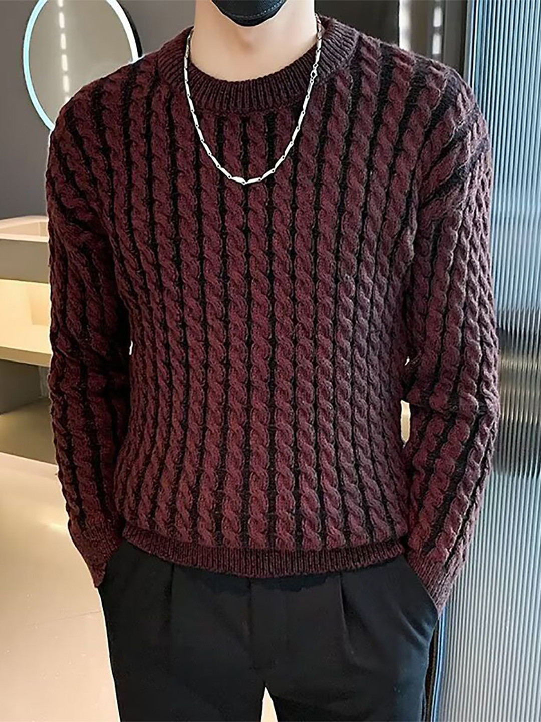 

StyleCast x Revolte Men Cable Knit Round Neck Pullover Ribbed Sweater, Maroon