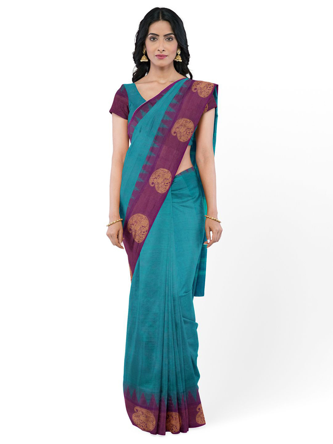 

Avishya women Woven Design Zari Pure Cotton Kanjeevaram Saree with unstitched blouse piece, Blue
