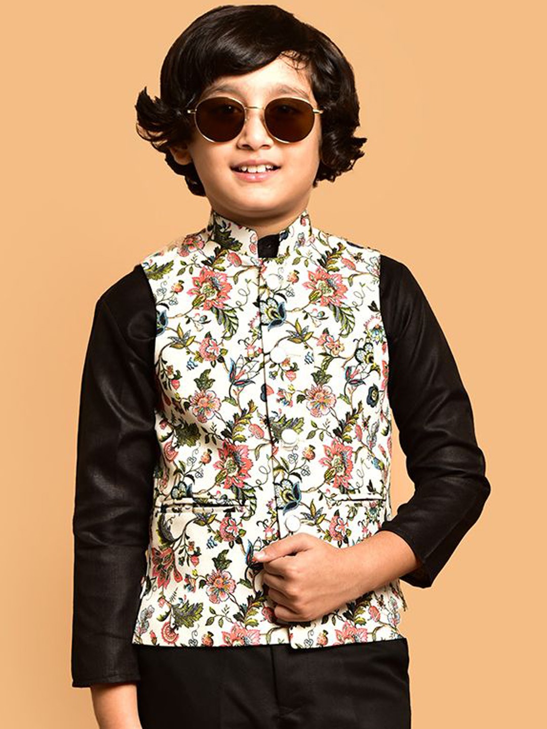 

PRINTCULTR Boys Printed Satin Nehru Jackets, White