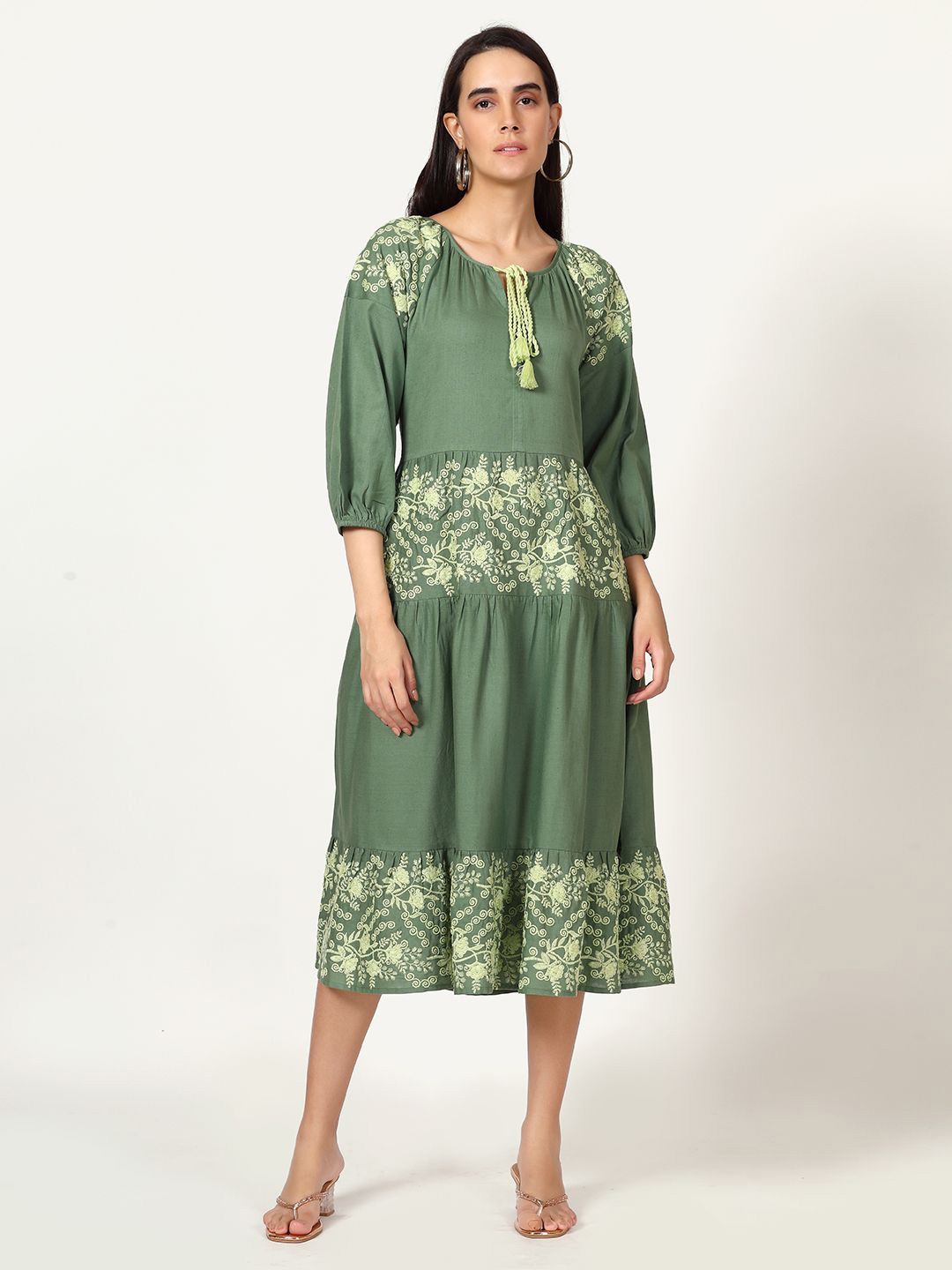

Saffron Threads Women Floral Embroidered Tie-Up Neck A-Line Midi Dress, Green