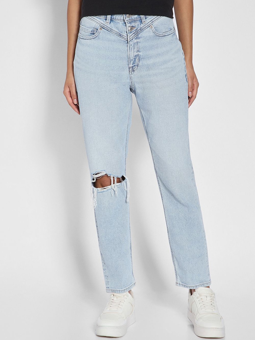 

AMERICAN EAGLE OUTFITTERS Women Mom Fit Mid-Rise Slash Knee Jeans, Blue