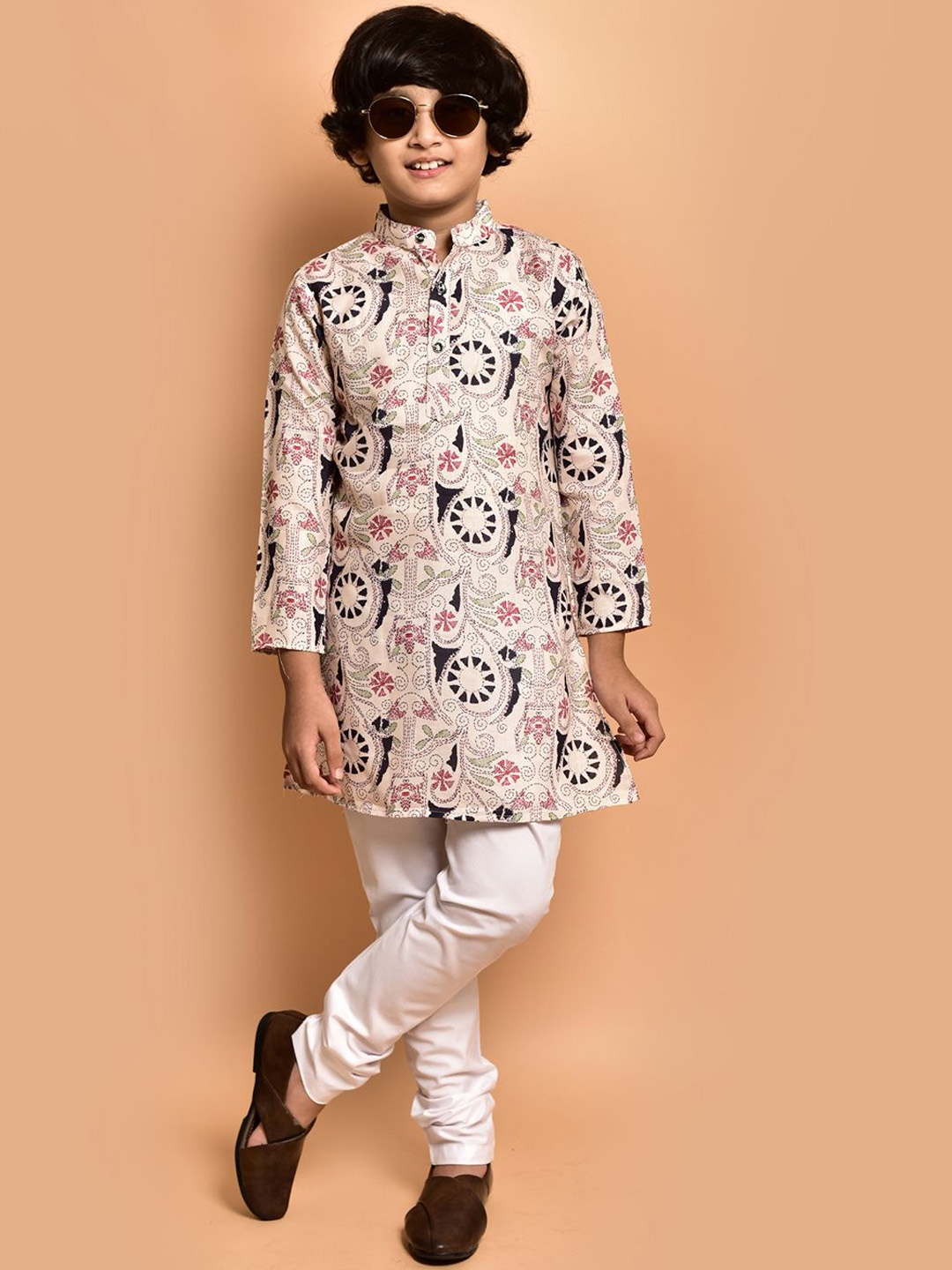 

PRINTCULTR Boys Quirky Printed Band Collar Cotton Straight Kurta, Cream