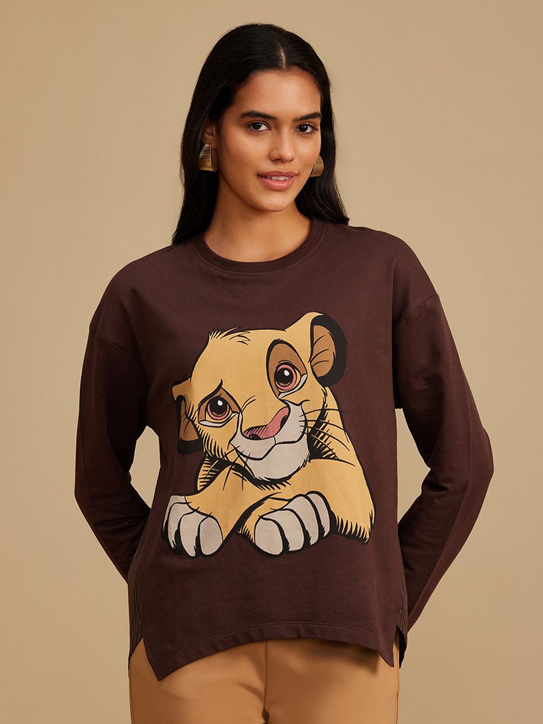 

Kazo Women Cotton Simba Printed Oversized T-shirt, Brown