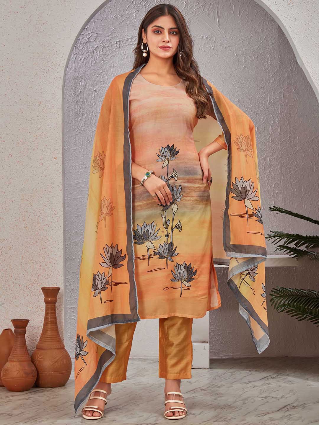 

TWINS LADY Floral Printed Round Neck Three-Quarter Sleeves Kurta With Trouser With Dupatta, Yellow