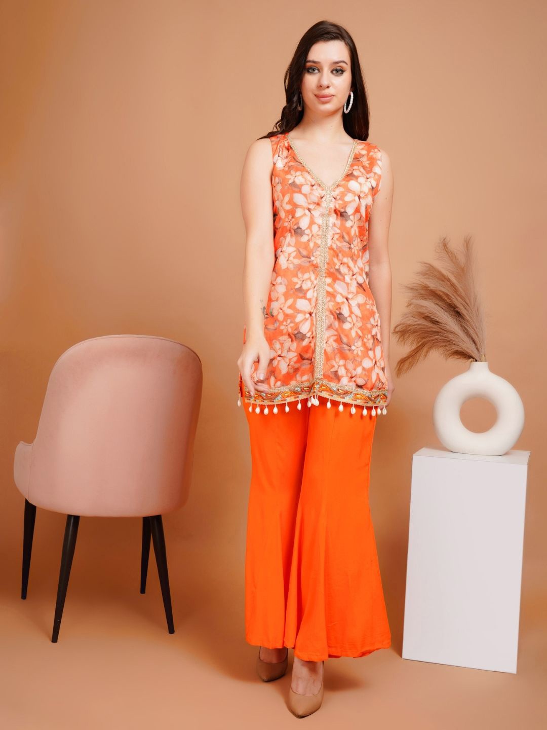 

Boholyfe Floral Printed V-Neck Tunic With Palazzos, Orange