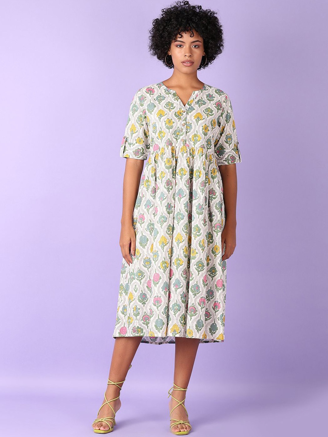 

V-Mart Women Printed Cotton A-Line Midi Ethnic Dresses, Off white