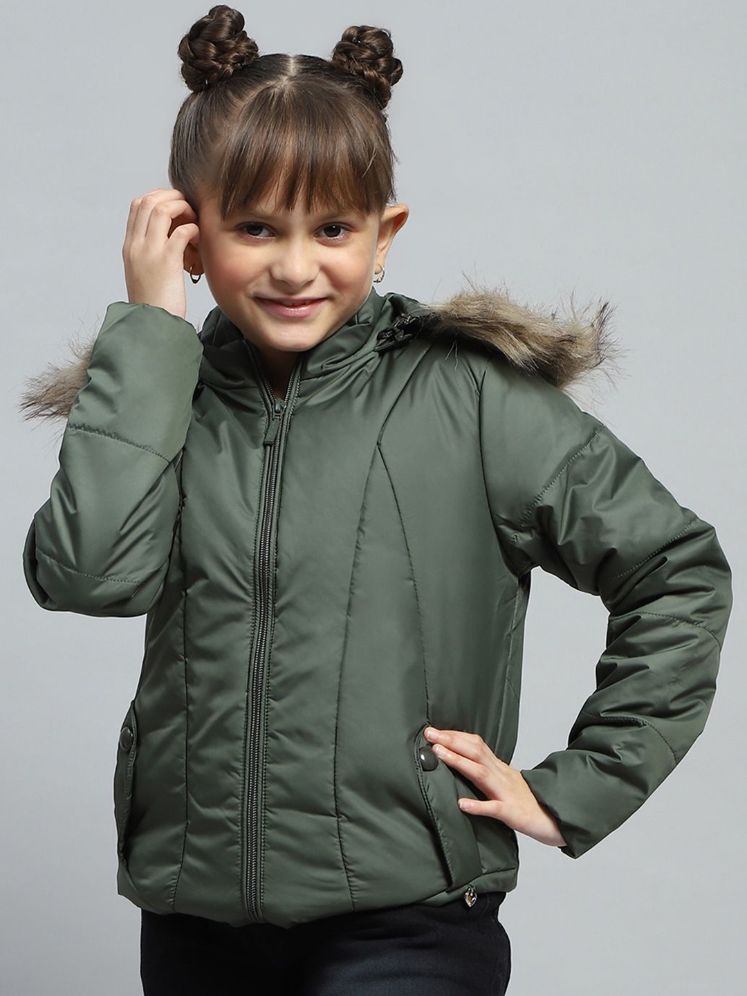 

Monte Carlo Girls Hooded Solid Casual Padded Jacket, Olive