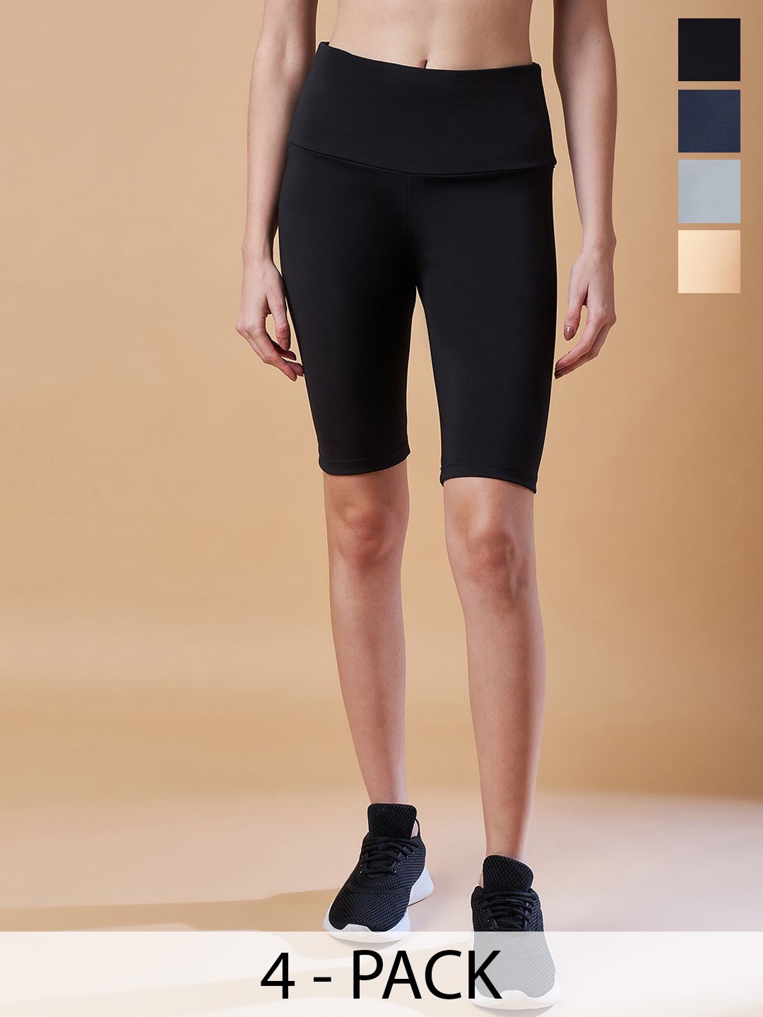 

COLOR CAPITAL Women Pack Of 4 High Rise Above Knee Gym Tights Cycling Shorts, Black