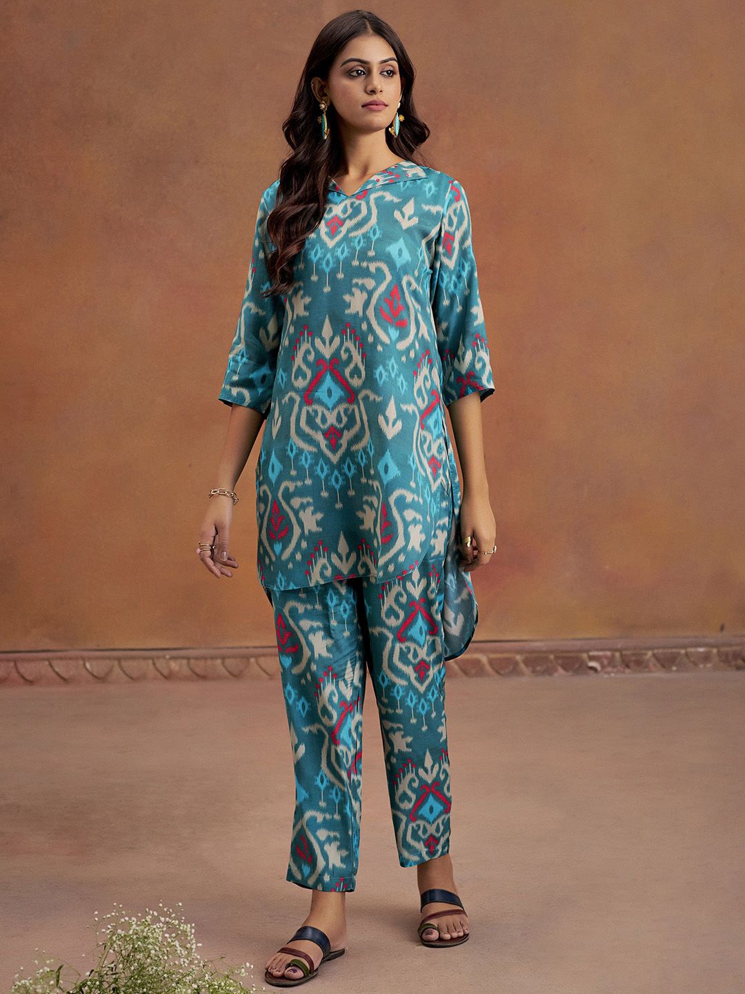 

Jaipur Kurti Ikat Printed Festive Co-ord Set, Teal