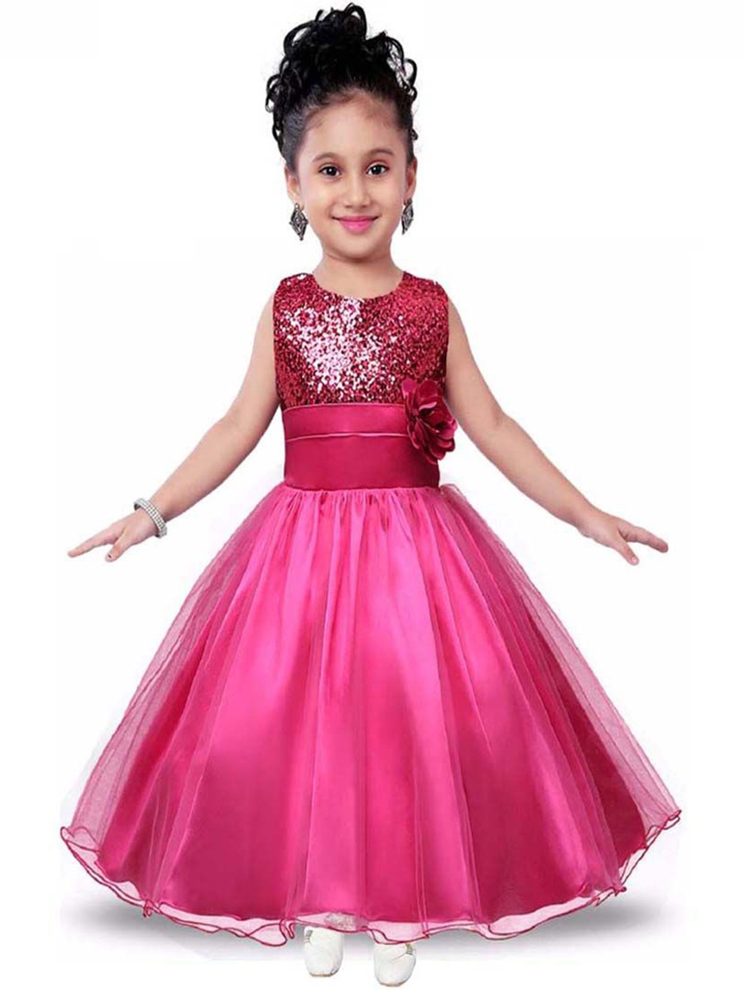 

Wish little Girls Solid Sequined Fit and Flare Maxi Dress, Pink