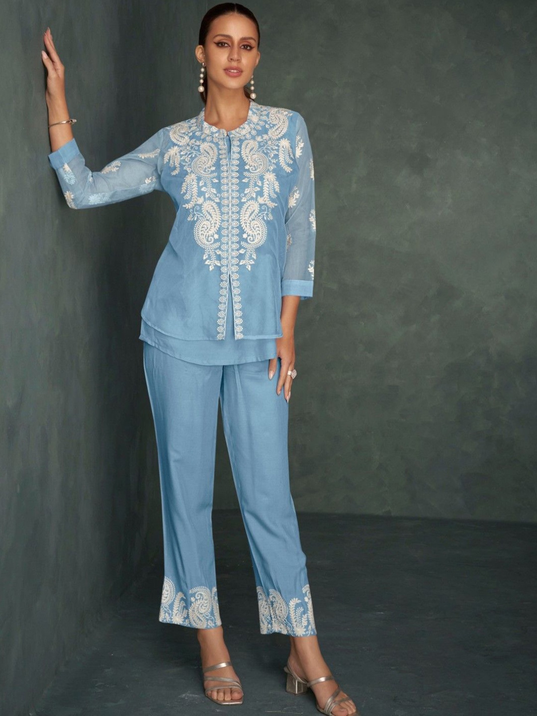 

AUTUMN LANE Women Embroidered Top & Trousers With Inner Co-Ords, Blue