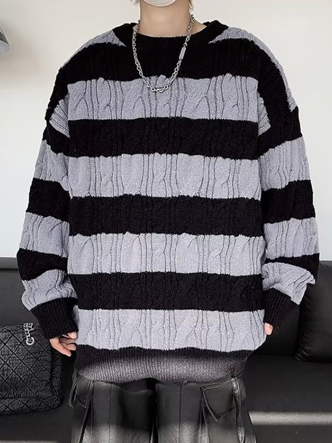

StyleCast x Revolte Men Cable Knit Round Neck Pullover Ribbed Sweater, Black